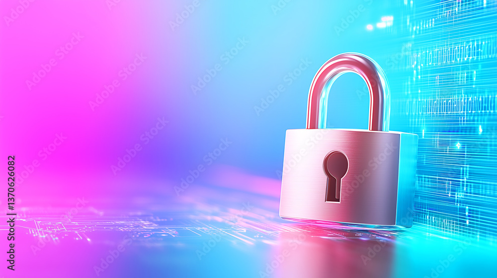 Poster a metallic padlock is prominently displayed against a colorful backdrop of blue and pink hues. this 
