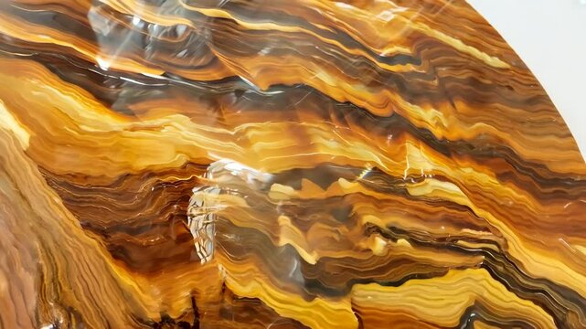 Close-up of a polished, wavy-patterned brown and orange Tigers Eye onyx stone surface. Mineral pattern texture macro background.