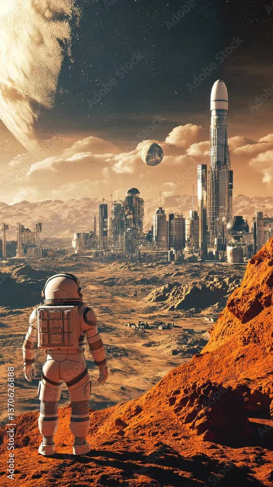 Poster an astronaut stands on the red terrain overlooking a futuristic colony filled with towering structur