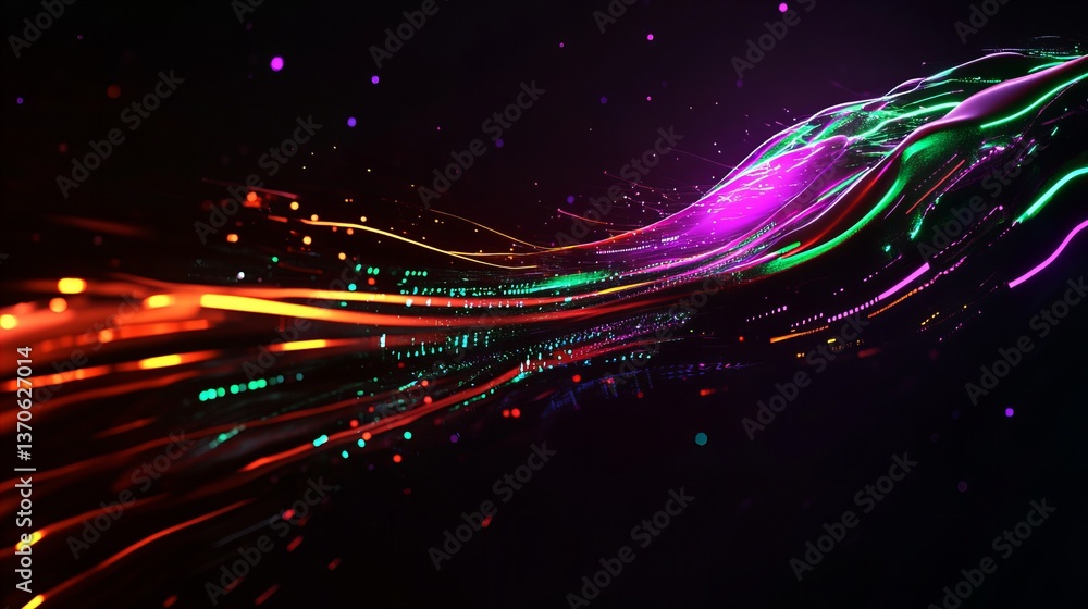 Poster abstract illuminated lines form streaks of vibrant colors against a dark background, creating a mode