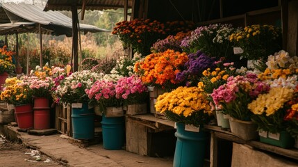 A vibrant outdoor flower stall displaying many colorful bouquets of blooms