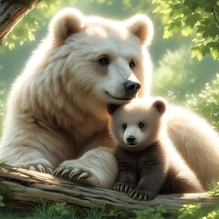 Fototapeta premium bear cub with his mother on a shady tree, generative AI 
