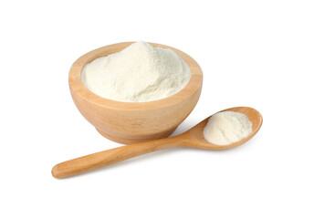 Collagen powder in bowl and spoon isolated on white