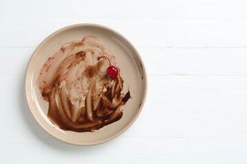Dirty plate on white wooden table, top view. Space for text