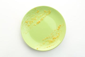 One dirty plate on white background, top view