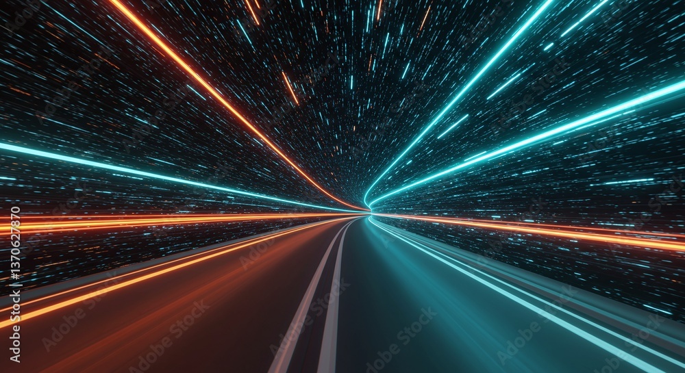Poster illuminated pathway: a dynamic illustration of a highway through space, with glowing neon lights for