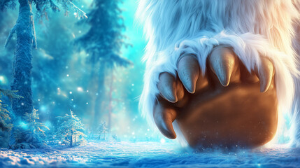 A large furry paw belonging to a Bigfoot makes its mark in soft snow. Sparkling snowflakes fall gently, while tall evergreen trees create a magical winter atmosphere