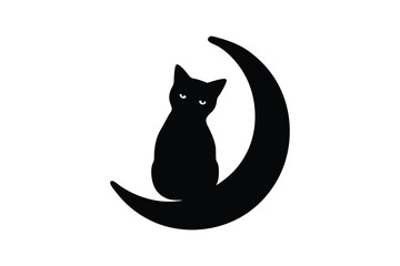 Silhouette art illustration design of a black cat sitting on a crescent moon.eps