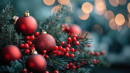 Obraz premium Red Christmas Ornaments on Green Pine Branches with Bokeh Background