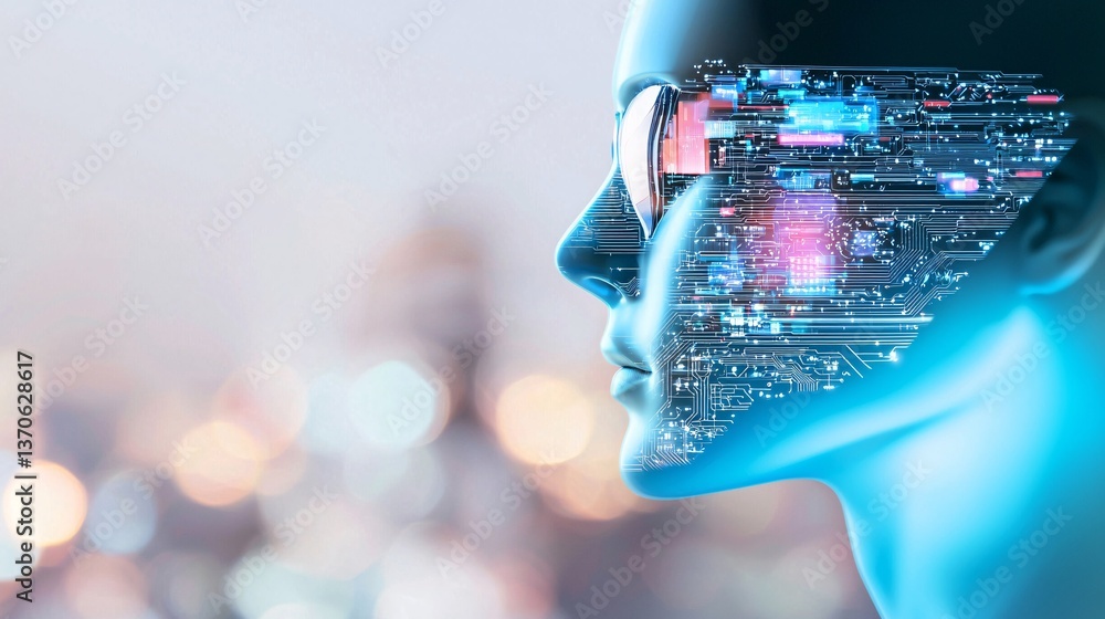 Poster intelligence cognitive optimization. futuristic profile with digital circuitry and blurred lights ba