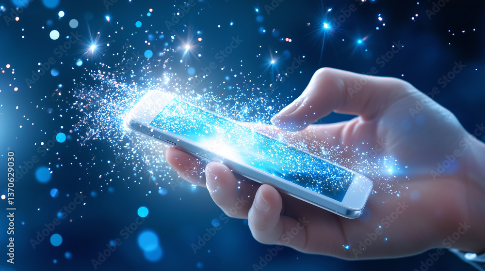 Poster a person is holding a smartphone with a glowing screen while blue sparkles and digital effects surro