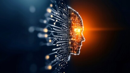 intelligence cognitive optimization. Digital head silhouette with circuit patterns and glowing elements.