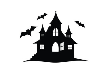 Silhouette art illustration design of a haunted house with crooked windows and a pointed roof.eps