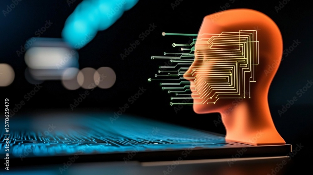 Poster intelligence cognitive optimization. futuristic head with digital circuits and glowing background.