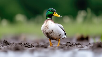 A mallard duck standing in mud