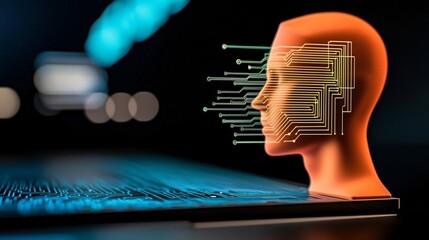 intelligence cognitive optimization. Futuristic head with digital circuits and glowing background.