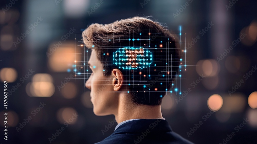 Poster intelligence cognitive optimization. digital brain interface on a person’s head against a blurred ba