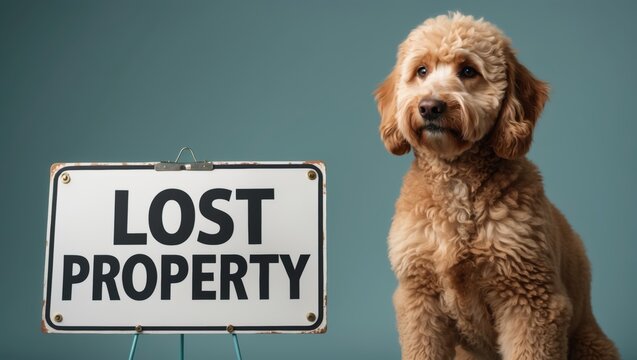 A concerned golden doodle sitting next to a sign labeled 'Lost Property', with a soft blue background