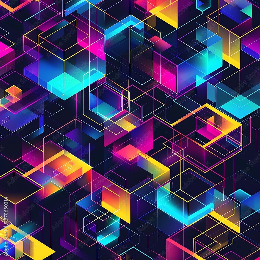 Aufkleber abstract isometric pattern of vibrant glowing neon geometric cubes and lines on a dark background. f
