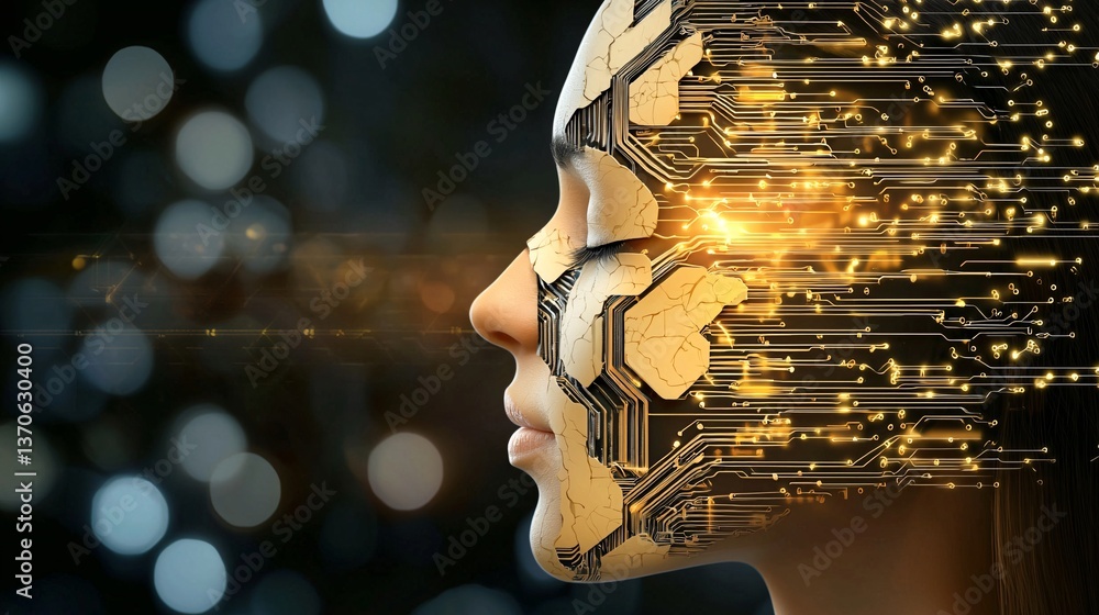 Poster intelligence cognitive optimization. futuristic portrait of a woman with circuit patterns on her fac