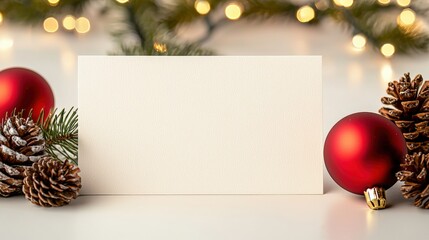 A festive display featuring a blank card surrounded by red ornaments, pinecones, and greenery, set against a backdrop of warm holiday lights.