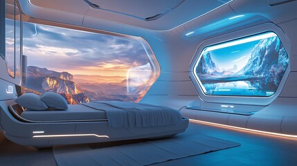 A modern futuristic bedroom where the bed automatically aligns with your sleeping posture and provides temperature-controlled features.