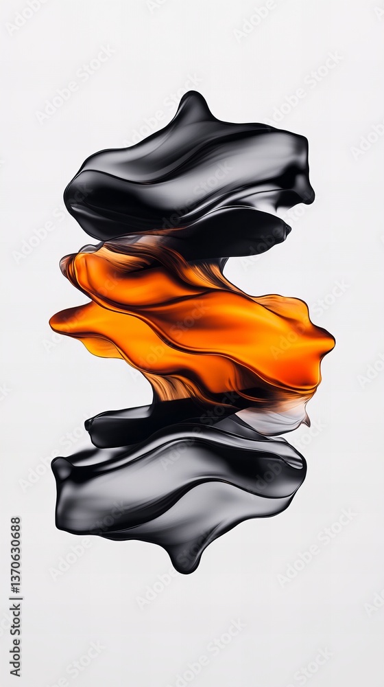 Poster abstract shapes stack vertically, featuring fluid forms with contrasting black and amber tones on a 
