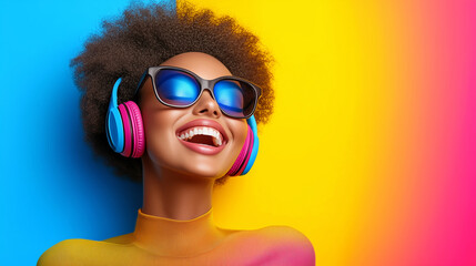A joyful woman with curly hair and colorful headphones listens to music while wearing fashionable sunglasses. The bright background features a blend of yellow and blue hues, enhancing her happiness