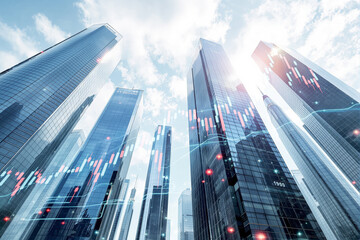 Modern skyscrapers with financial stock market graph overlay on a bright sky background.