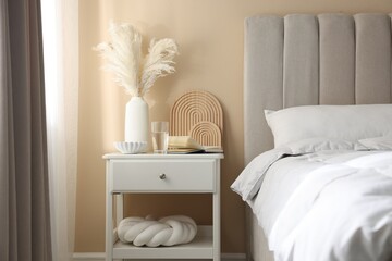 Bedside table with book, decor and glass of water near bed in room