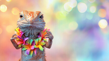 Cheerful iguana with colorful flower lei on vibrant background. concept of fun, tropical celebration, joyful reptile party, Funny animal, Summer Celebration, Hawaiian Flower Lei. Copy space