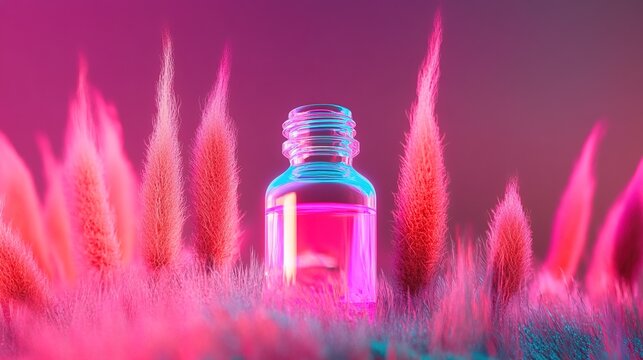 Colorful elixir bottle among vibrant, fluffy plants in a dreamlike scene