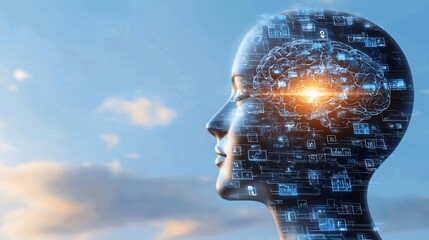 intelligence cognitive optimization. Digital human head silhouette with abstract technology elements.