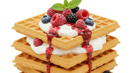 Isolated Waffles with Berries and Cream