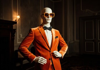 Stylish mannequin in an orange velvet suit and oversized sunglasses