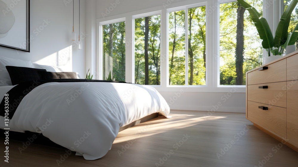 Poster bright bedroom interior with large windows overlooking lush greenery a bed with white linens a woode