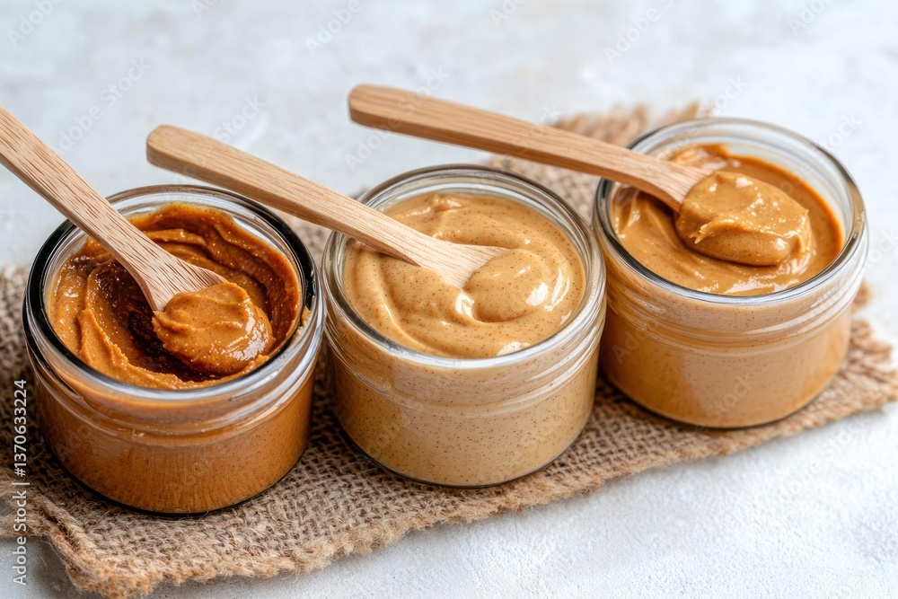 Poster three glass jars filled with various shades of peanut butter and small wooden spoons arranged on a b