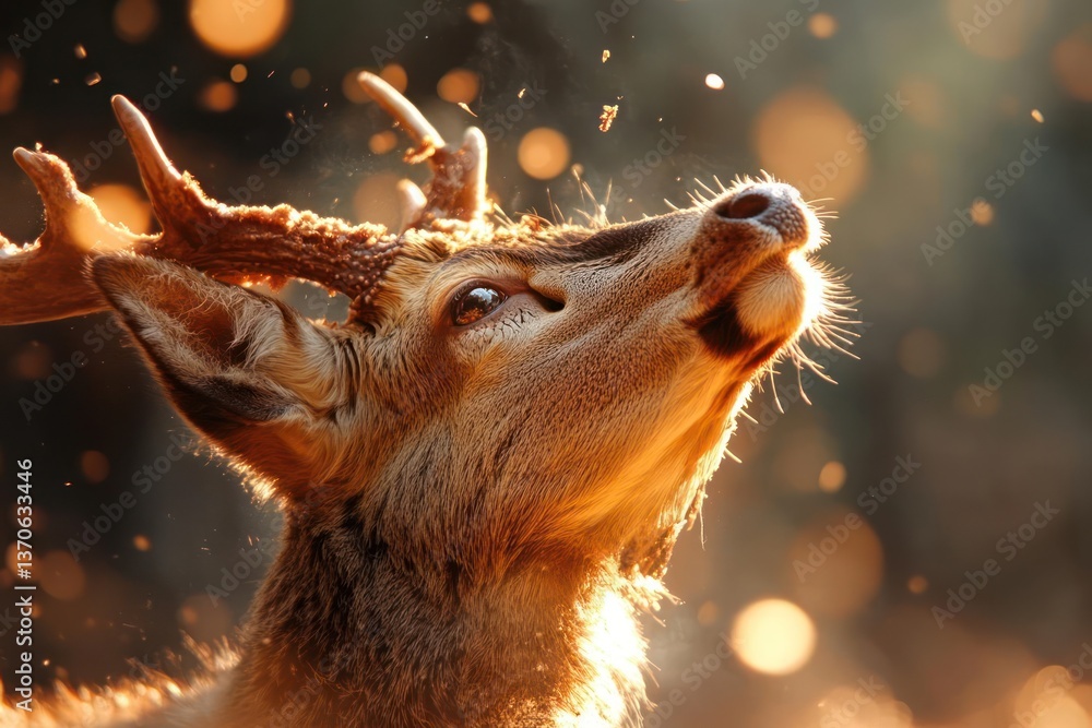 Poster Close up of a majestic deer in golden sunlight with antlers and blurry bokeh background. The image captures the animal looking up with dust particles