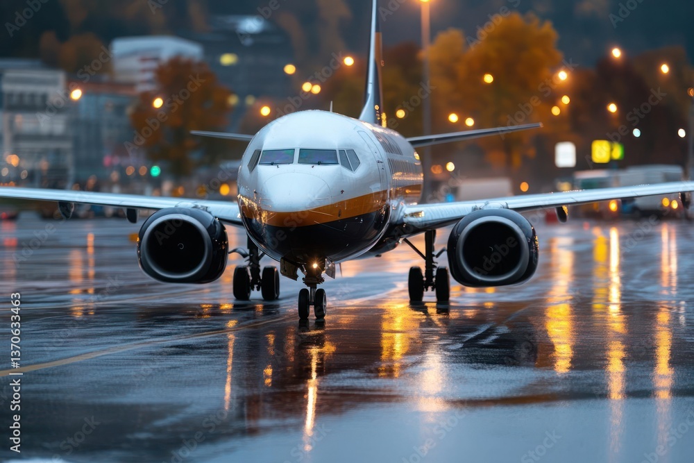 Poster airplane parked on a wet runway at night reflecting lights of the city. the aircraft is illuminated 