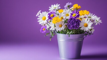 Naklejka premium Colorful flower bouquet in a metal bucket against a vibrant purple background. A cheerful arrangement of daisies, and other small blossoms in various hues of white, purple, and yellow