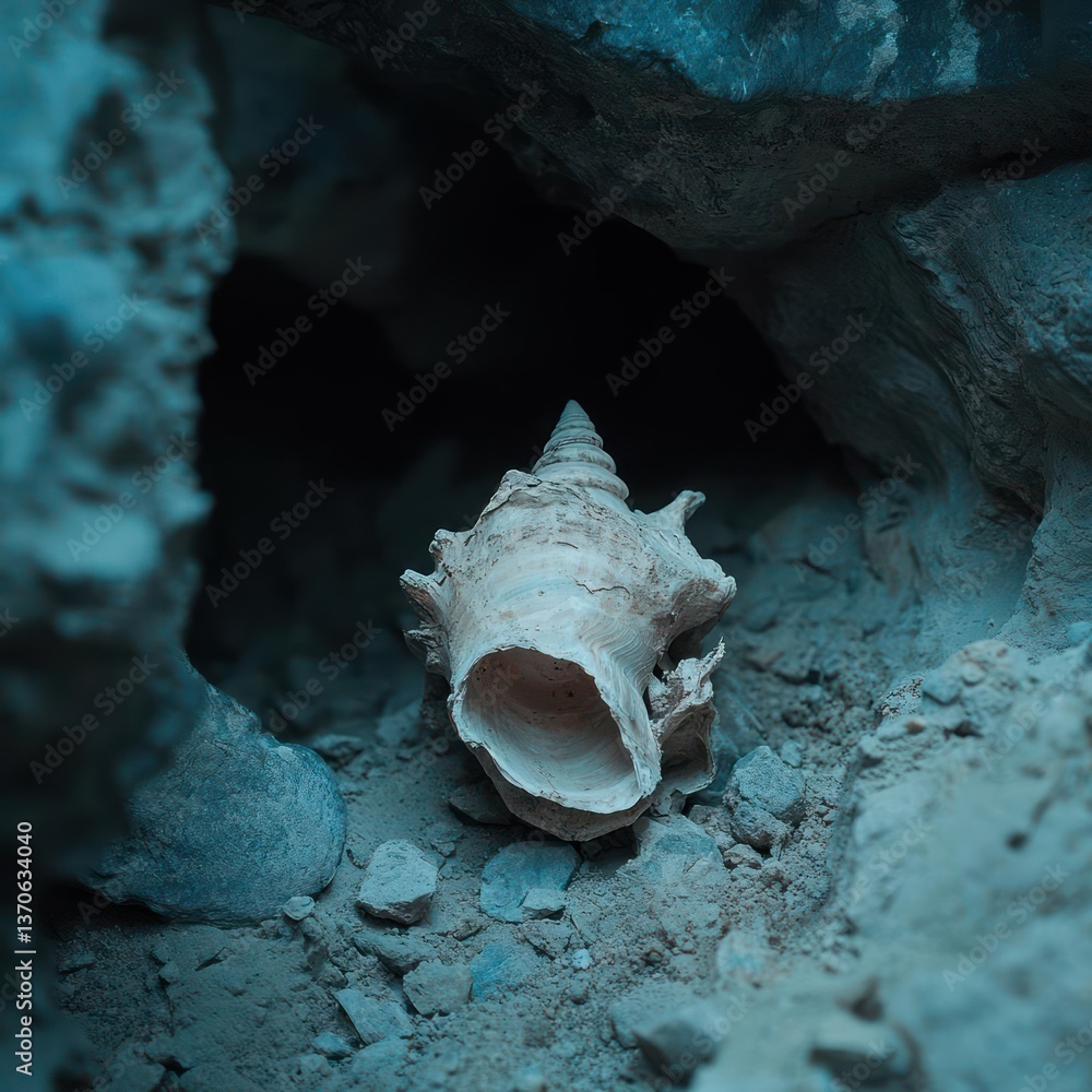 Aufkleber A detailed view captures a solitary shell nestled within a textured rock crevice. The scene is bathed in cool, blue-toned lighting, creating a mysterious atmosphere. The shell is the focal point