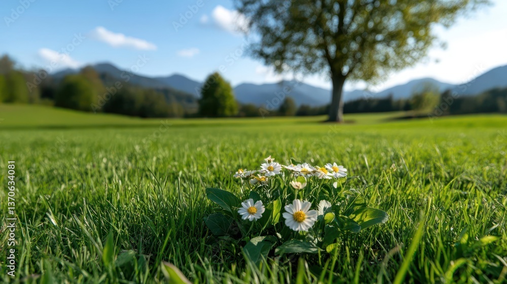 Poster close-up shot of generic flowers in lush green grass with a large tree and mountains in the backgrou