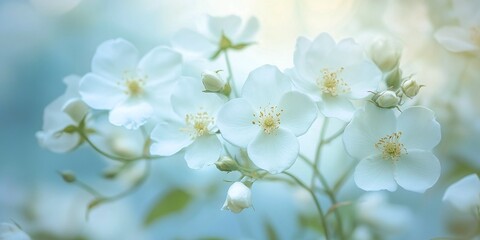Fototapeta premium Delicate Jasmine Blooms: A close-up shot reveals a cluster of pristine, white jasmine flowers. The image evokes a sense of serenity, freshness, and the delicate beauty found in nature.