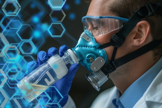 Scientist conducts experiment with protective gear in laboratory during modern research and analysis