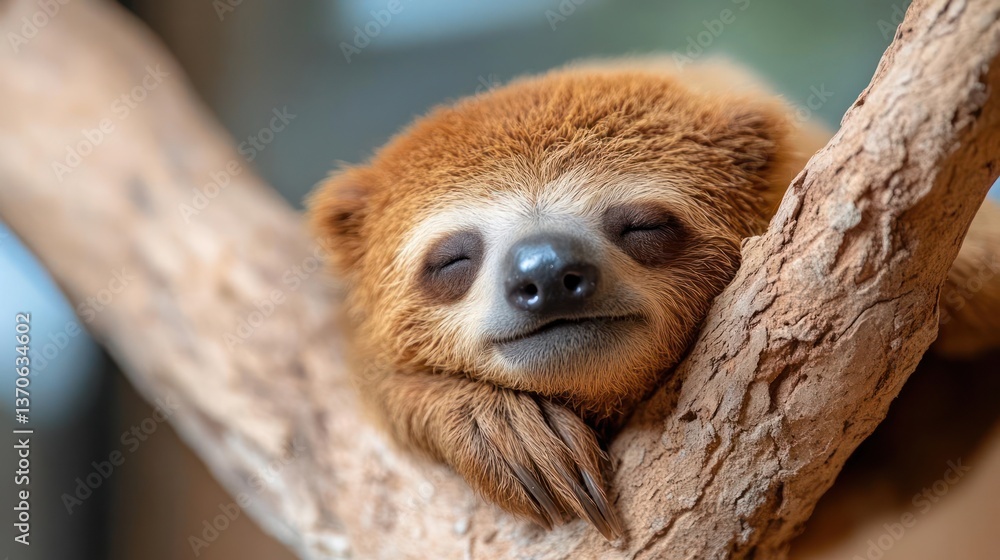 Poster Close up of a brown sloth resting peacefully on a tree branch with blurred background and soft lighting