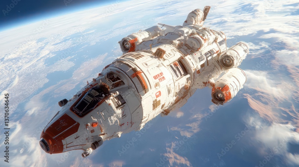 Poster a spacecraft in orbit with a pixelated appearance against a backdrop of earth and space. the vessel 