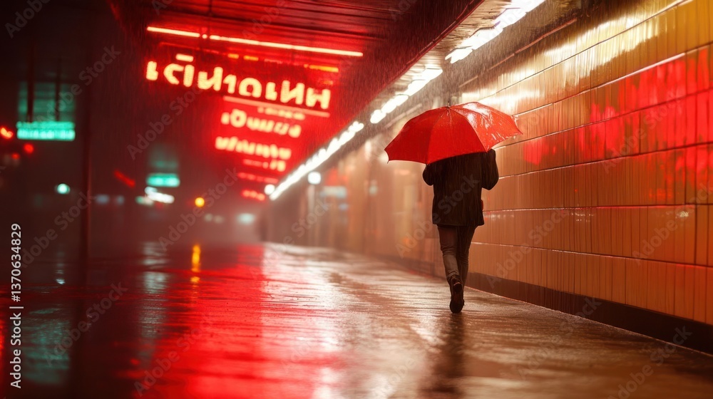 Poster a person with a red umbrella walks through a wet tunnel with red neon signs on the wall in a rainy n