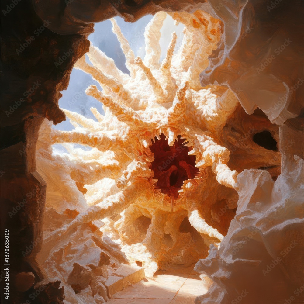 Poster abstract surreal cave interior featuring textured white and beige formations with a central red core