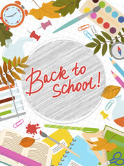 A set of school supplies. Back to school. Children s learning objects, alarm clock and autumn leaves. Vector illustrations in flat style on a white background. All objects are isolated.