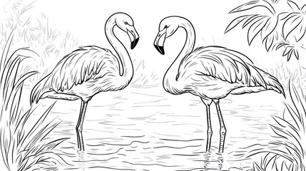 Two flamingos in a tropical setting, black and white drawing, coloring page